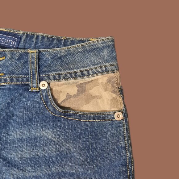 Y2K Low Rise Denim Shorts S Blue Green Camouflage Flap Pockets Jean Shorts 2000s - Picture 6 of 7